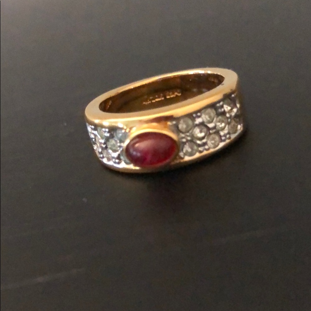 CABOCHON RUBY W/RHINESTONE 14K GOLD PLATED RING - Picture 5 of 8